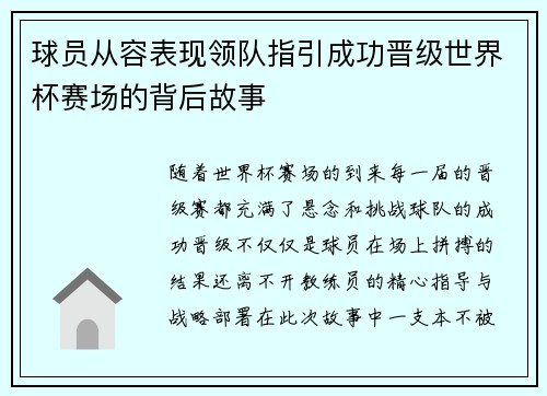 球员从容表现领队指引成功晋级世界杯赛场的背后故事