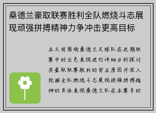 桑德兰豪取联赛胜利全队燃烧斗志展现顽强拼搏精神力争冲击更高目标