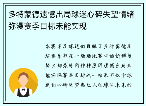 多特蒙德遗憾出局球迷心碎失望情绪弥漫赛季目标未能实现