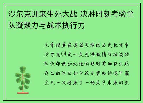 沙尔克迎来生死大战 决胜时刻考验全队凝聚力与战术执行力