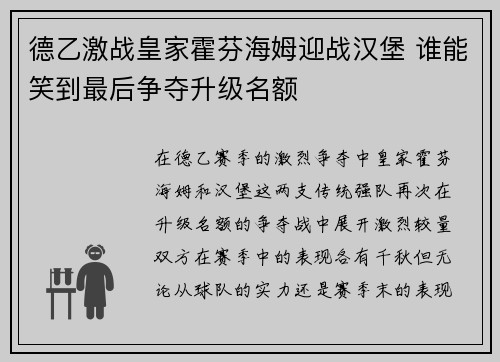 德乙激战皇家霍芬海姆迎战汉堡 谁能笑到最后争夺升级名额