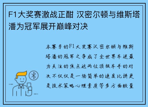 F1大奖赛激战正酣 汉密尔顿与维斯塔潘为冠军展开巅峰对决